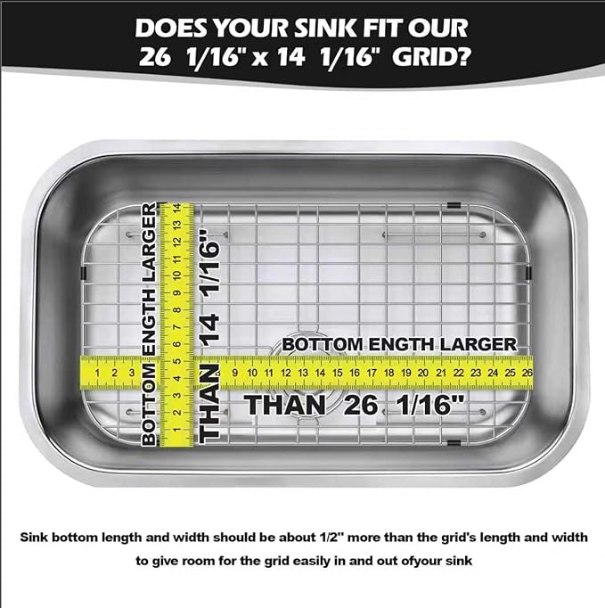 Sink Protector Grid 26-1/16" x 14-1/16", Rear Drain with Corner Radius 3-1/2", 304 Stainless Steel Material Sink Bottom Grid for Single Bowl Sink, Premium Sink Rack