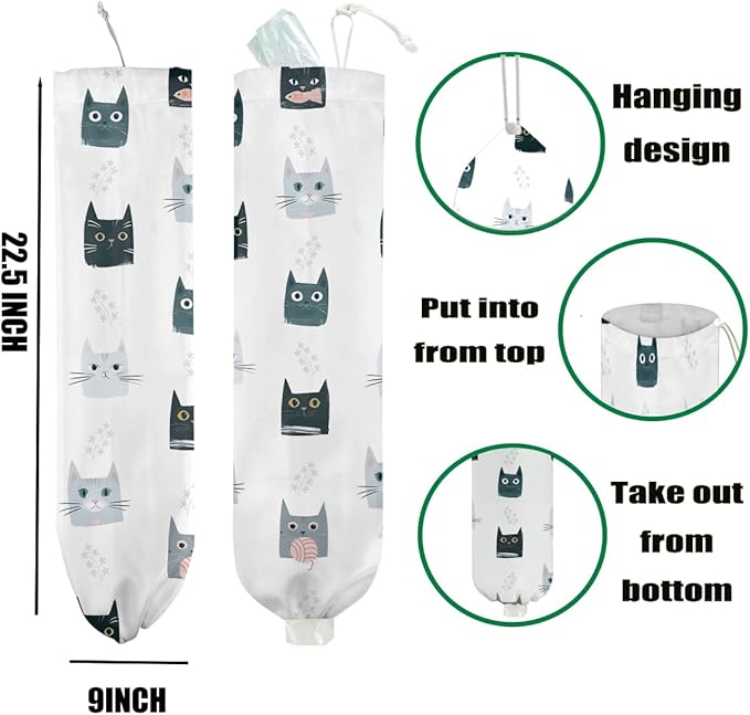 Cat Plastic Bag Holder, Wall Mount Grocery Bag Holder for Plastic Bags, Large Reusable Grocery Bags Organizer Storage Dispenser for Home Kitchen, House Warming Gifts for Women Cat Lover