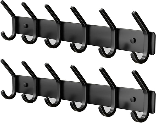 GWAAZXGZ Coat Rack Wall Mount Hooks - 15 Inch Matte Black Metal 6-Hook Organizer Wall Mounted, Modern Kids Room, Entryway & Bathroom Hanger for Beach Towels, Coats, Purses, Bags (2 Pack)
