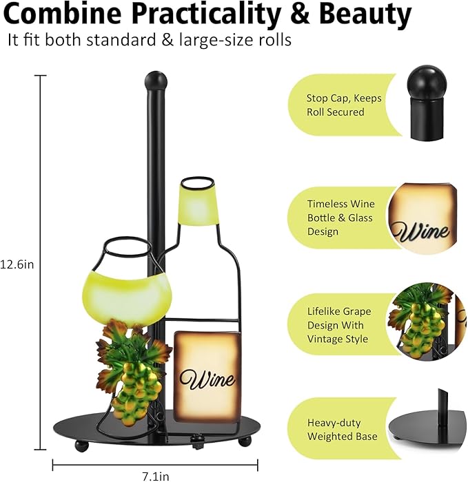 Wine Lovers Gifts - Metal Wine Paper Towel Holder Countertop with Solid Weighted Base, Farmhouse Kitchen Decor, Rustic Country Vintage Decoration Organization
