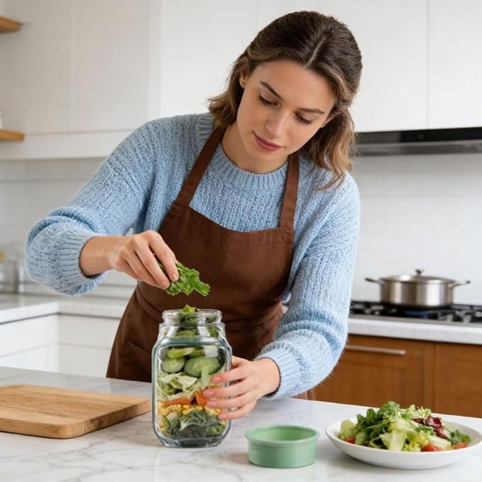 Portable Side Open Salad Jar with Leakproof Dressing Container - Removable Lid Converts to Bowl, Food Grade Reusable, Freezer Dishwasher Safe for Meal Prep Work Travel