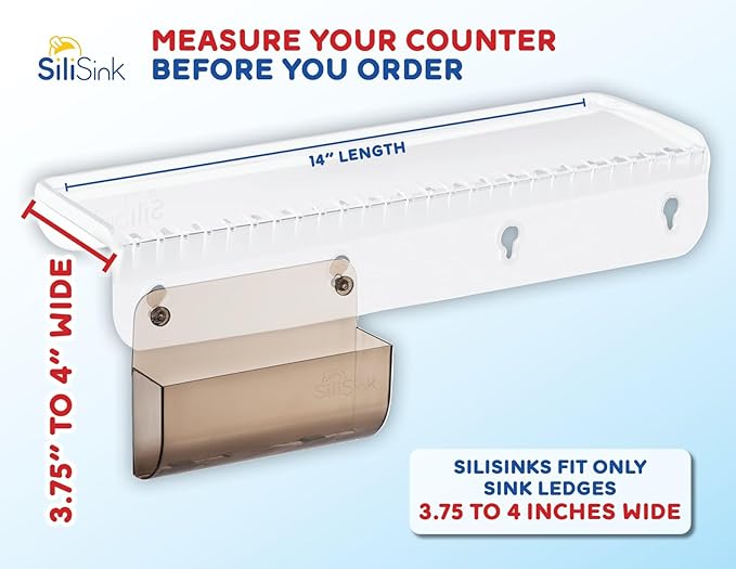 SiliSink Silicone Edge Guard for Kitchen Sink - Fits 3.75” - 4” Wide - The Original Silicone Sink Edge Protector with Sponge Caddy - Splash Guard, 14” Clear Diamond