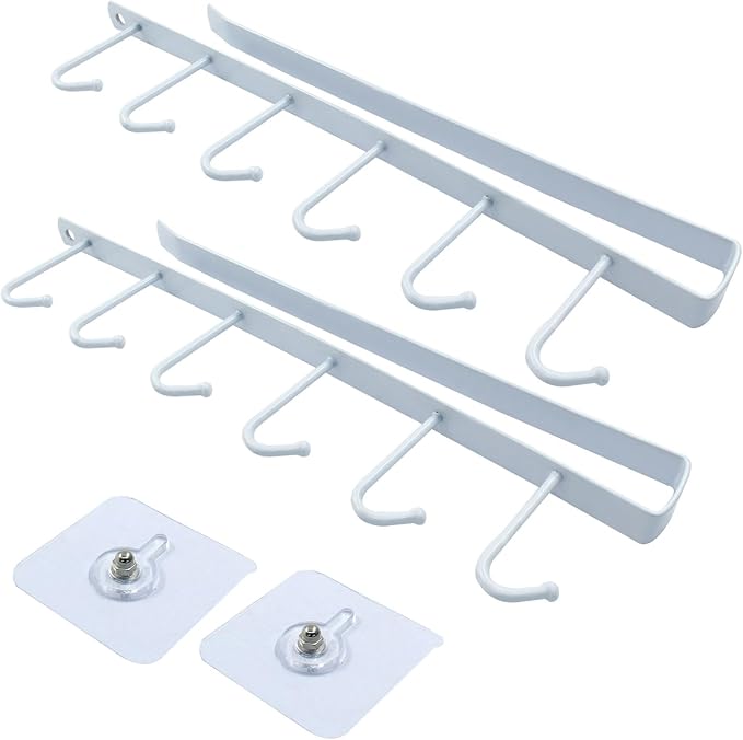 Zorfeter 2 Pack Mug Holder Under Cabinet Coffee, Multi-Purpose Kitchen Hooks, Space-Saving Hangers for Kitchen/Cups/Keys Storage/Scarf Ties Belts(White)