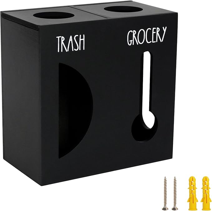 2 in 1 Trash Bag Dispenser, Double Wall Mounted,Wood Trash Bag Holder, used in kitchen, garage, laundry room, can store Environmentally friendly food bags and garbage bags(Black/Large)