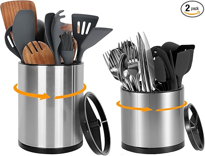 Nigelia Set of 2, Extra Large Kitchen Utensil Holder, 360° Rotating Stainless Steel Cooking Utensil Holder for Countertop, 3 Compartment Flatware Organizer (Silvery)