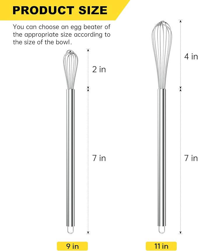 NileHome Mini Whisks Stainless Steel Whisk Set 9" 11"Kitchen Small Wisk Balloon Wire Tiny Whisks for Cooking, Whisking, Blending, Beating, Stirring 2 Pack