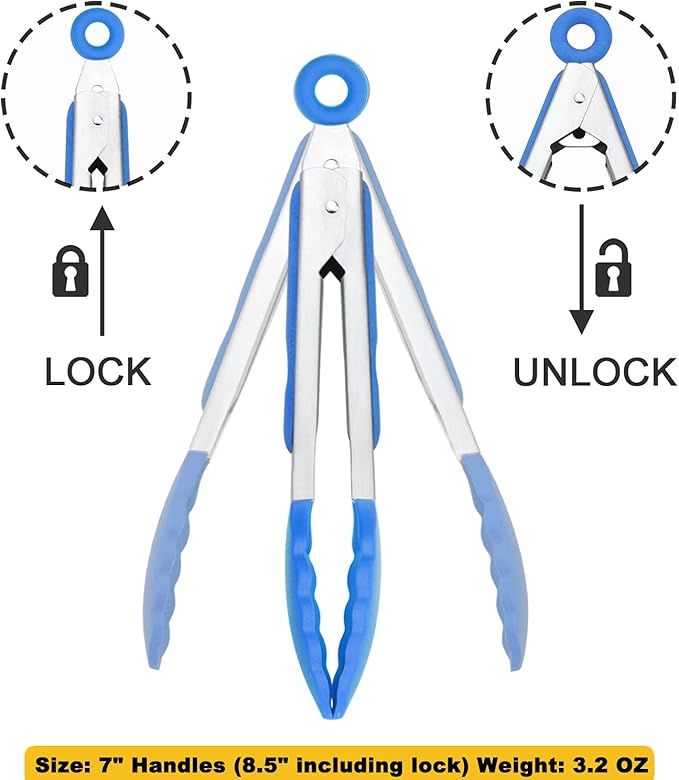 HINMAY Small Tongs with Silicone Tips 7-Inch Serving Tongs, Set of 3 (Blue)