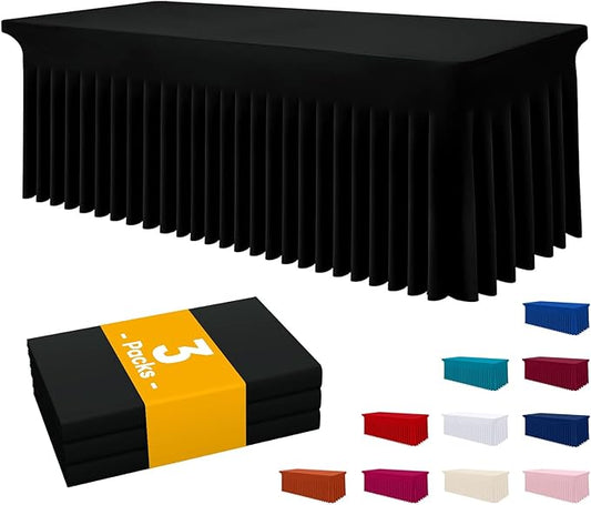 Smiry Spandex Tablecloth 3 Pack, Elastic Fitted Stretch Tablecloth for 6FT Rectangle Tables, Waterproof Washable Table Cover Skirt for Outdoor, Wedding, Banquet & Parties (Black, 72Lx30Wx30H Inch)