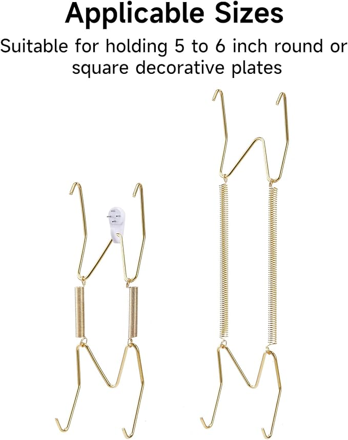 10 Piece Plate Hangers, 5 Inch Invisible Brass Wall Plate Hangers, Comes with 12 Piece Wall Hooks for Decorative Plates