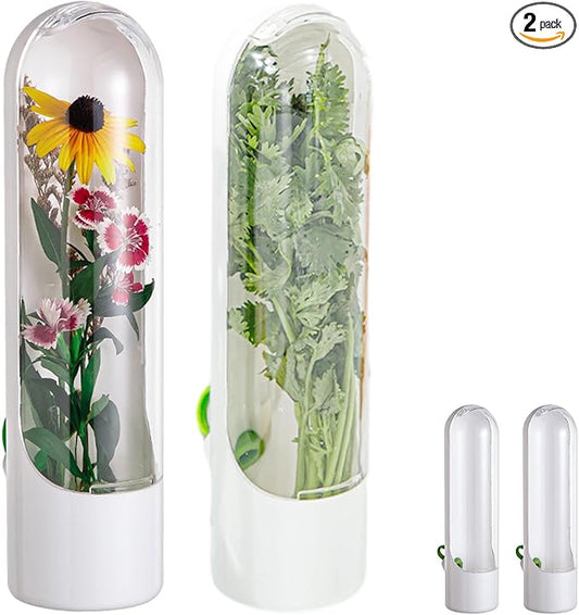 2 Pack Herb Keeper Container for Refrigerator, Clear Storage Bottle Fresh Storage Container for Cilantro Parsley Mint, Fresh Produce Saver, Extends Freshness for 2-3 Weeks