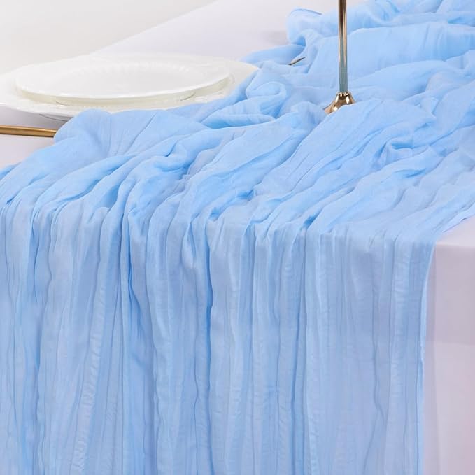 Socomi Blue Cheesecloth Table Runner Summer Light Blue Boho Rustic Gauze 120 inch 10FT Cheese Cloth Sheer Runner for Wedding Party Baby Shower Birthday Home Decor Holiday Decorations