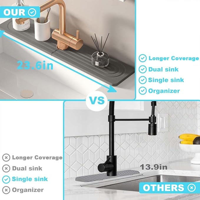 Diatomite kitchen sink splash guard behind faucet - 24inch stone drying mat for kitchen counter, mordern absorbent mat of kitchen sink accessories