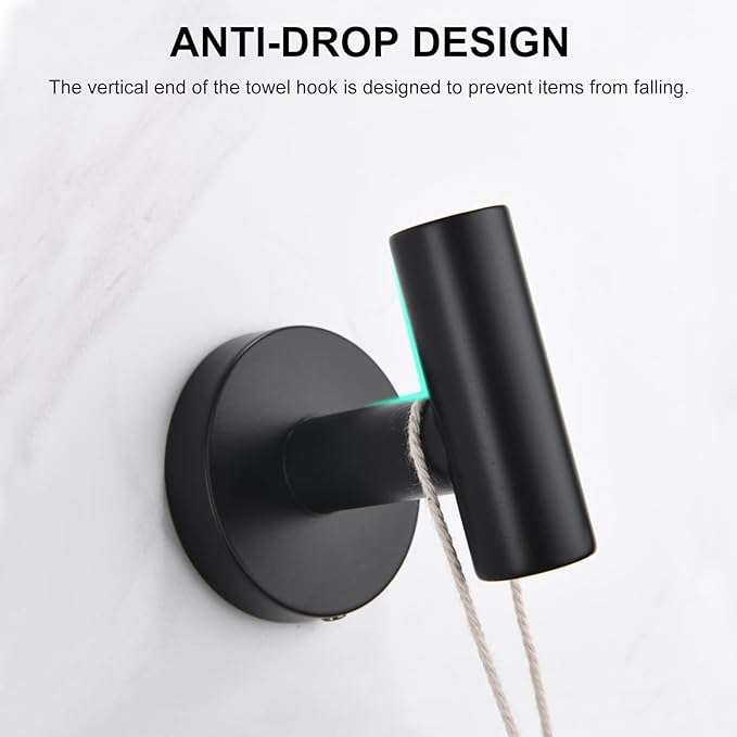SetSail Towel Hooks for Bathrooms 2 Packs Screw-in Matte Black Bathroom Towel Hook Wall Mounted Stainless Steel Shower Towel Hooks for Coat Hanging, Drilling Hole
