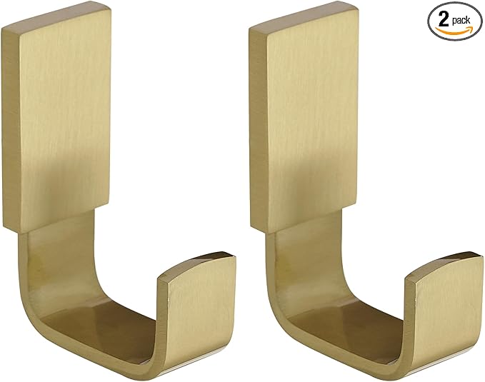 BESy Brass Clothes Hook Single Towel Hook for Bathroom Kitchen Garage Square Style Robe Hooks Coat and Hat Hook, Wall Mounted with Screws, Two Packs, Brushed Gold