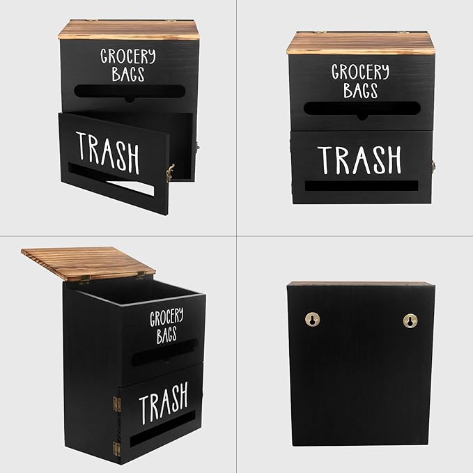 2 in 1 Trash Bag Dispenser, Double Wall Mounted,Wood Trash Bag Holder, used in kitchen, garage, laundry room, can store Environmentally friendly food bags and garbage bags (Black)