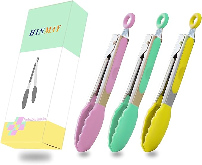 HINMAY Small Tongs with Silicone Tips 7-Inch Serving Tongs, Set of 3 (Pink Mint Yellow)