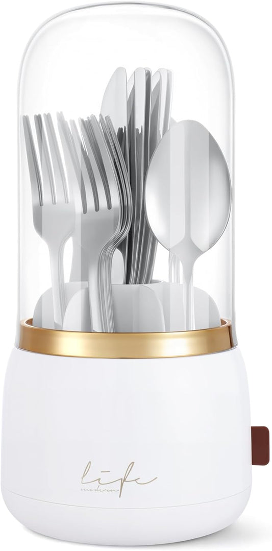 EXIN DECHEN 360° Rotation Silverware Organizer for Kitchen Counter,Utensil Holder Caddy Silverware Caddy Holder for Party,Spoon and Fork Organizer,7 Slots and Intermediate Drainage Device with Cover