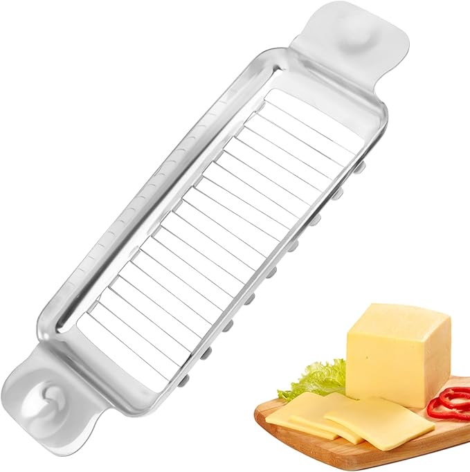 Butter Slicer Cutter, Stainless Steel Ergonomic Cheese Slicer Cheese Even Stick Slicing Tool for Portion Control Cheese Wire Slicer with Portable Grip for Food Square Block Butter(Silver)