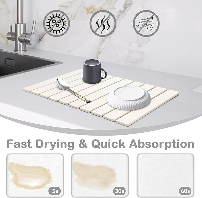 2Pcs Large Stone Dish Drying Mat for Kitchen Counter, Foldable Super Absorbent Diatomaceous Earth Mats with Anti-Slip Leather Base, Quick Drying Modern Dish Mat (White, 24"x 16" & 8"x 4")
