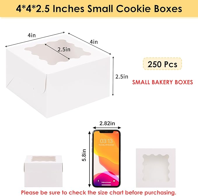 Moretoes 250pcs White Mother's Day Cookie Boxes with Window,4x4x2.5 Inch Small Bakery Boxes, for Small Cake, Treats, Donuts, Candy