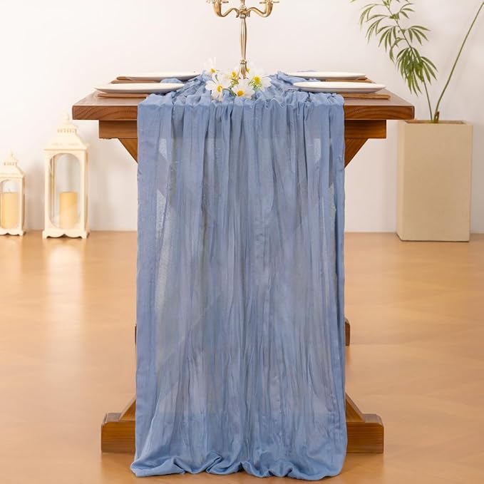 Socomi 3pcs Dusty Blue Summer Cheesecloth Table Runner Boho Rustic Gauze 120 inch 10FT Cheese Cloth Sheer Runner for Wedding Party Baby Shower Birthday Home Decor Holiday Decorations