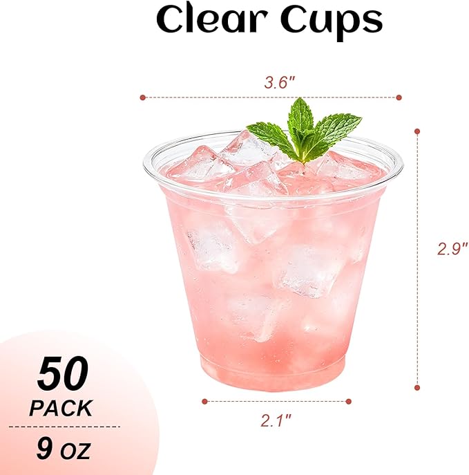 Lamosi 9 oz Clear Plastic Cups 50 Pack, Sturdy & Food Safe Disposable Cups for Cold or Iced Drinks, Dessert, Party or Wedding