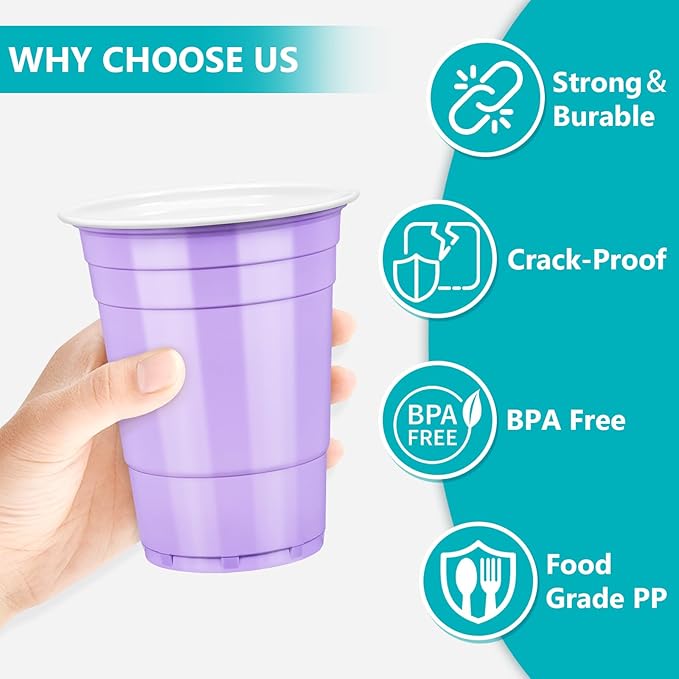 LANLISA 50 Lavender Plastic Cups, 16 oz Disposable Cups, Drinking Cups For Birthday Party, Baby Shower, Easter, Mothers Day