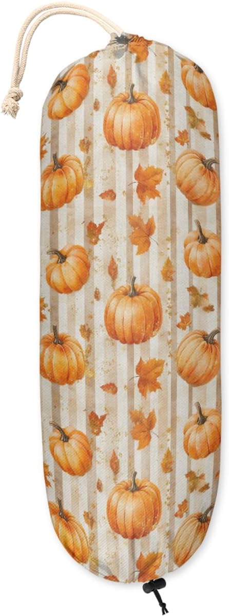 Plastic Bag Holder Thanksgiving Autumn Fall Pumpkin Wall Mount Grocery Bag Holder Wasgable Plastic Bag Dispenser Garbage Bag Organizer for Home Kitchen Decor, Gifts for Women Mom Family Friends