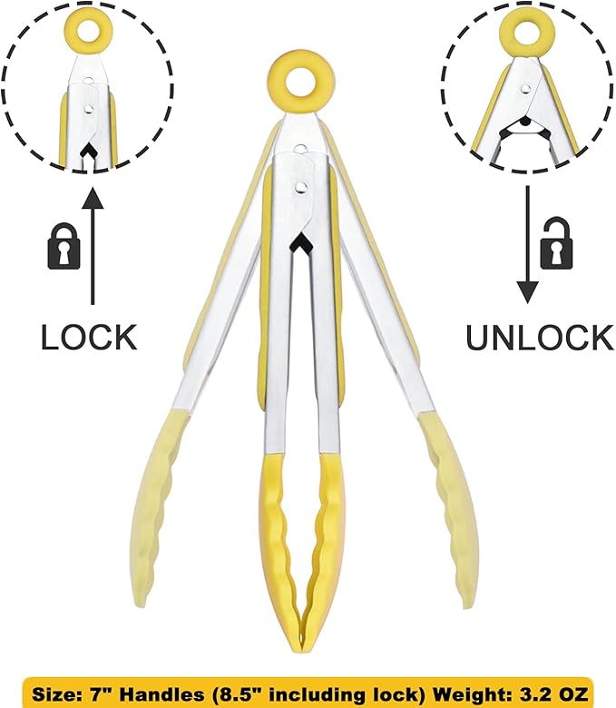 HINMAY Small Appetizer Tongs 7-Inch Silicone Tipped Kitchen Tongs, Set of 3 (Yellow)