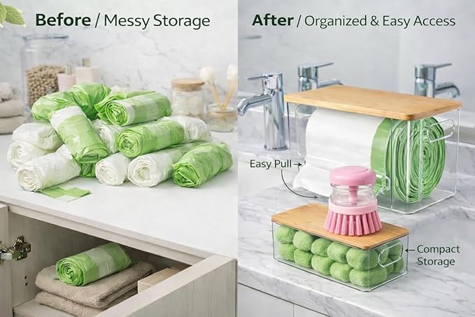 2 Pack Trash Bag Holder Dispenser for Kitchen & Built-In Brush with Liquid Compartment, Laundry Room Trash Bag Holder, Pantry, Cabinet, Under Sink Storage Organizer