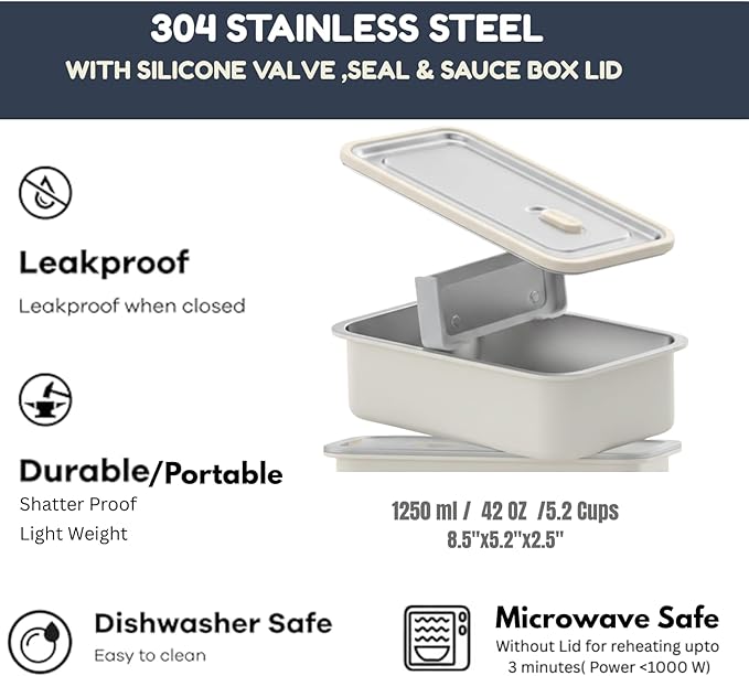 Modaniam Stainless Steel Bento Box, Stainless Steel Lunch Box for Adults, 42 OZ, Metal Lunch Box, Lunch Containers with Compartment, Vanilla, Leak Proof
