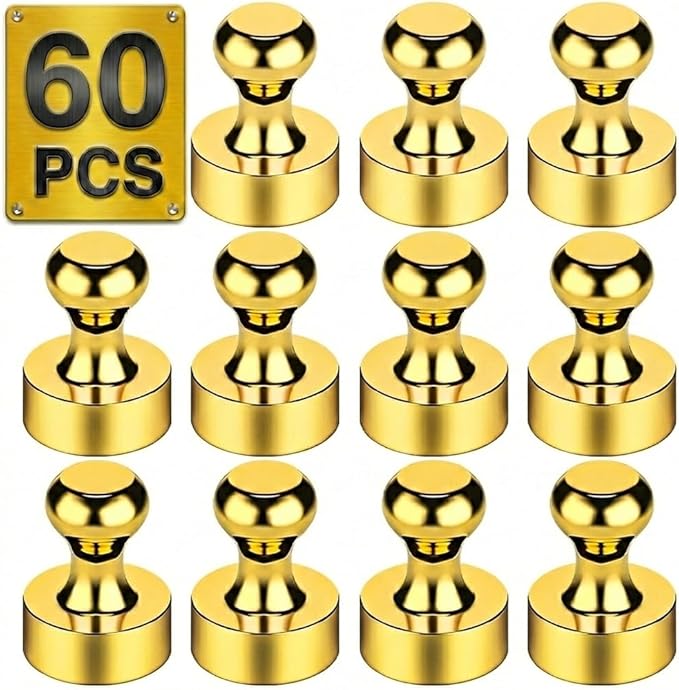 Metallic Magnets, Refrigerator Magnets, 60 Pack Gold Magnetic Push Pins, Strong Fridge Magnets, Multi-use Whiteboard Magnets Perfect for Kitchen Office Classroom