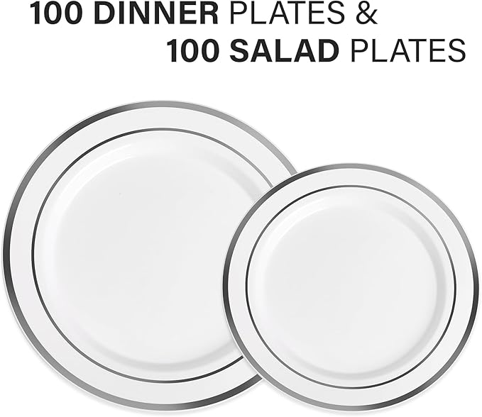 AOZITA 200Pcs Silver Plastic Plates, Disposable Plastic Party Plates for Party, Wedding and Birthday