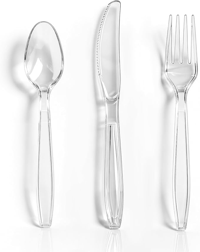 240 Count Extra Heavy Duty Clear Plastic Silverware, 80 Forks, 80 Spoons, 80 Knives, BPA-Free and Heat Resistant, Disposable Cutlery set, Premium Clear Utensils for Party and Daily Use