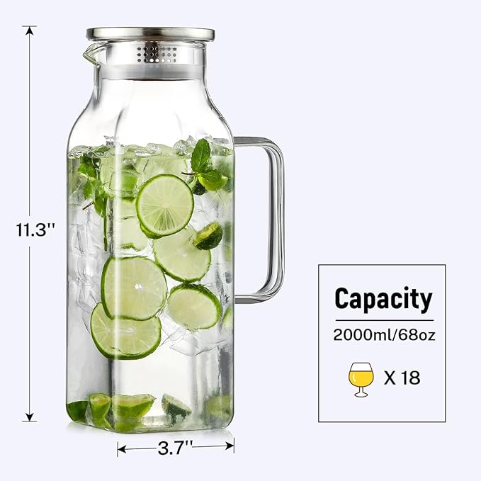 2 Quart (2 Liter 68 oz) Square Glass Pitcher with Lid and Spout, Water Pitchers with Handle for Fridge, Borosilicate Glass Carafe for Hot/Cold Drink, Large Jug for Iced Tea, Coffee,Juice,Milk,Beverage