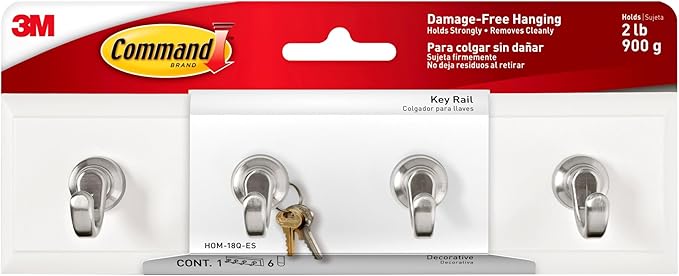 Command Key Rail, 8-inch Rail with 4 Key Hooks and 6 Strips, Quartz, Removable Key_Hooks for Entryway or Hallway, Hang Keys, Hats, Dog Leashes, and Accessories, Holds up to 2 lb (Pack of 8)