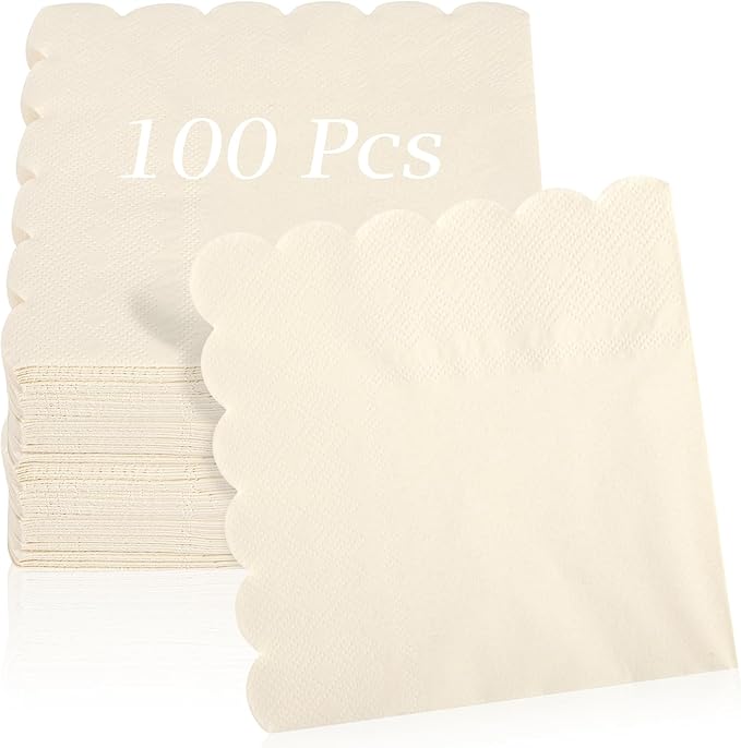 100 Pcs Cocktail Napkins, 2-Ply 5 x 5 Inches Disposable Scalloped Napkins, Thick Premium Dessert Napkins for Party, Wedding, Dinner, Birthday, Anniversary, Festival (Milky-White)