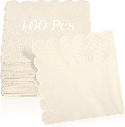 100 Pcs Cocktail Napkins, 2-Ply 5 x 5 Inches Disposable Scalloped Napkins, Thick Premium Dessert Napkins for Party, Wedding, Dinner, Birthday, Anniversary, Festival (Milky-White)
