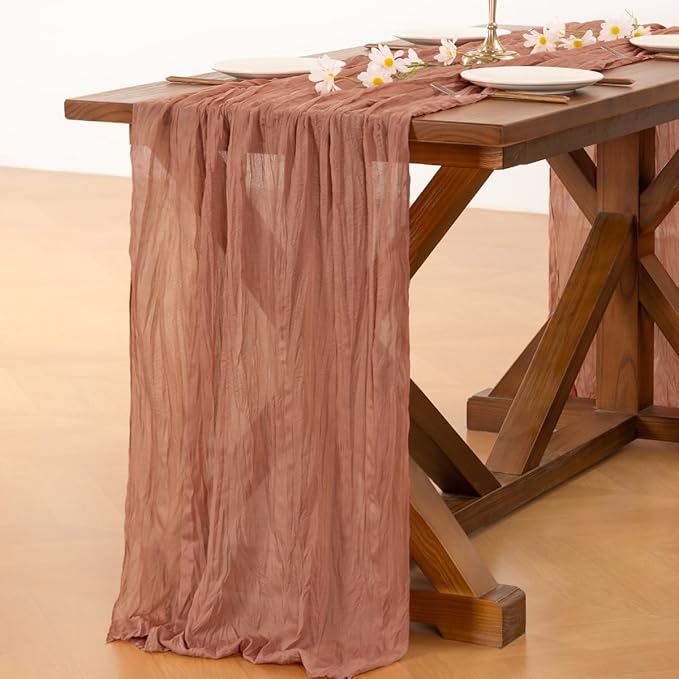 Socomi 2pcs Dusty Rose Summer Cheesecloth Table Runner Boho Rustic Gauze 120 inch 10FT Cheese Cloth Sheer Runner for Wedding Party Baby Shower Birthday Home Decor Holiday Decorations
