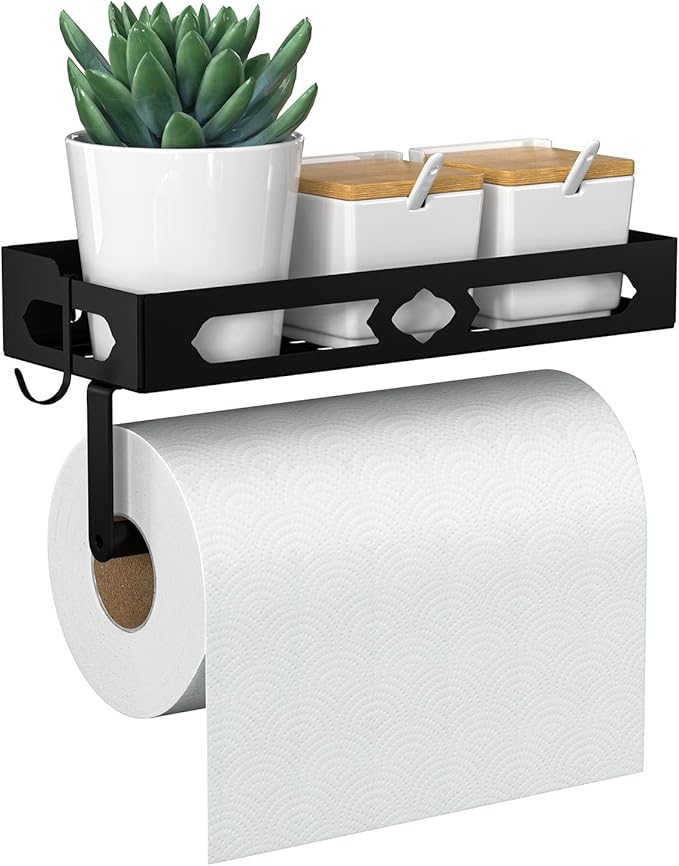 Paper Towel Holder Wall Mount for Kitchen, Easy One-handed Operation Design, Self Adhesive Paper Towel Holder with Shelf for Bathroom, RV Paper Towel Rack Paper Roll Holder with 2 Hooks, Black