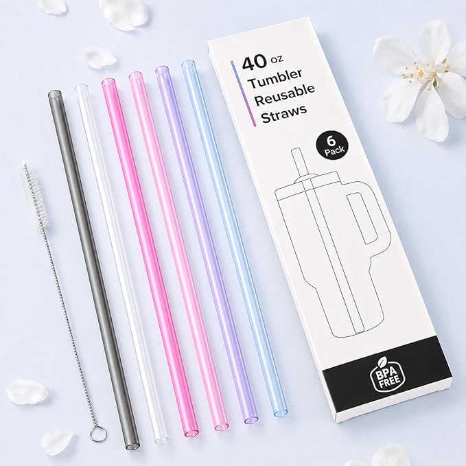 Joshey 12 Inch Tritan Replacement Straws for Stanley 40oz Tumbler - 6 Pack Reusable Long Straw with Cleaning Brush, Fits 30oz & 40oz Stanley Cup Accessories, BPA-Free (Clear)