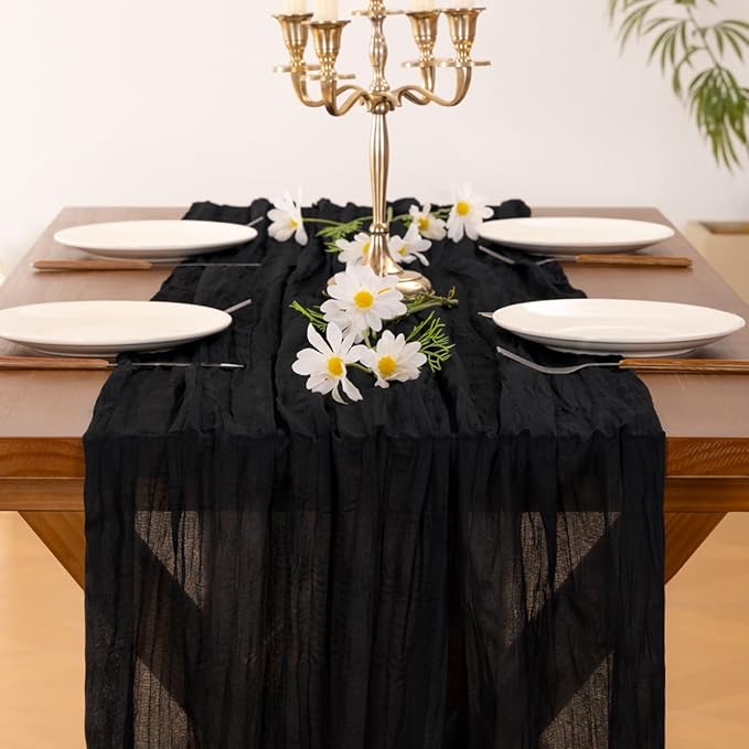 Socomi 3pcs Black Summer Cheesecloth Table Runner Boho Rustic Gauze 120 inch 10FT Cheese Cloth Sheer Runner for Wedding Party Baby Shower Birthday Home Decor Holiday Decorations
