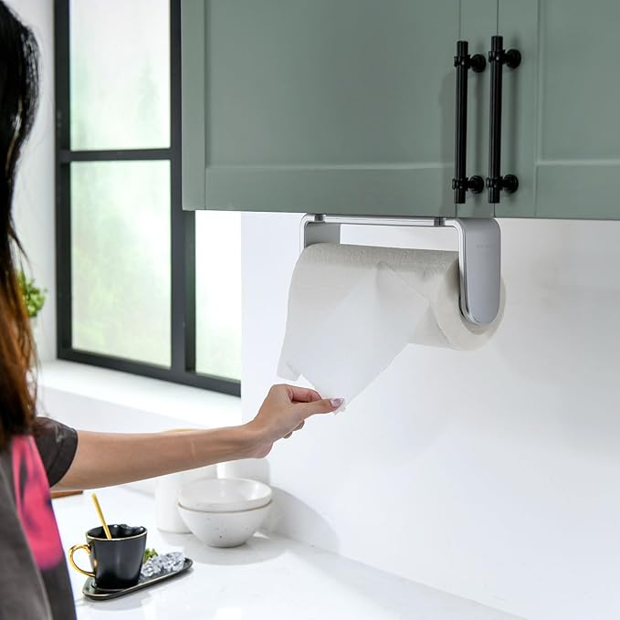 simpletome Paper Towel Holder ONE Hand Tear Adaptive Tension Arm Adjustable Length 9.4-11inch/24-28cm (Silvery)