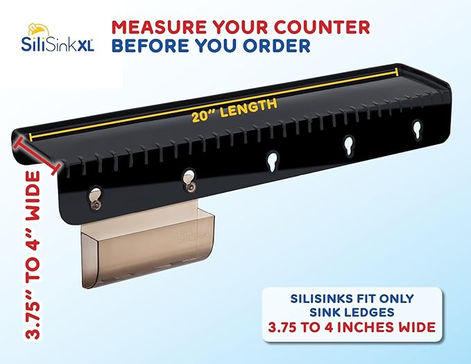 SiliSink XL Silicone Edge Guard for Kitchen Sink - Fits 3.75” - 4” Wide - The Original Silicone Sink Edge Protector with Sponge Caddy - Splash Guard, 20” Black Diamond