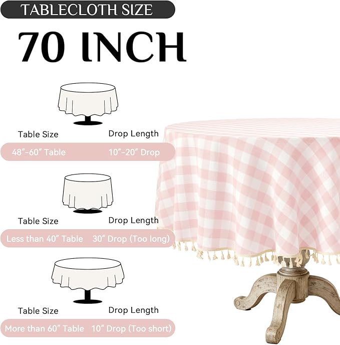 Softalker Pink Gingham Tablecloth 70 x 70 Inch Round, Outdoor Linen Cotton Checkered Table Cloth with Tassel, Heavy Duty Wrinkle Free Buffalo Plaid Table Cover for Kitchen Dining Home Party