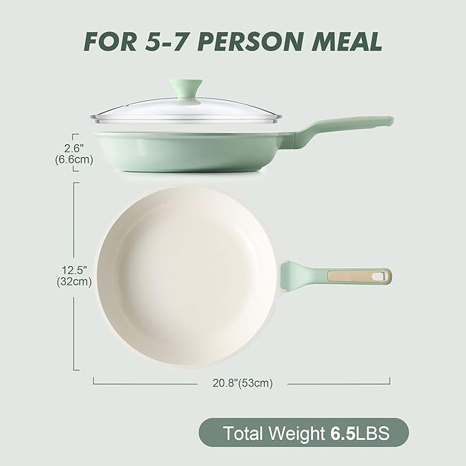 SENSARTE Nonstick Ceramic Frying Pan with Lid 12.5 Inch Cooking Pan Skillet, Free of Intentionally Added PFAS/PTFE Non-toxic Chef's Pan Induction Compatible Pan, Heat Resistant Handle, Mint Green