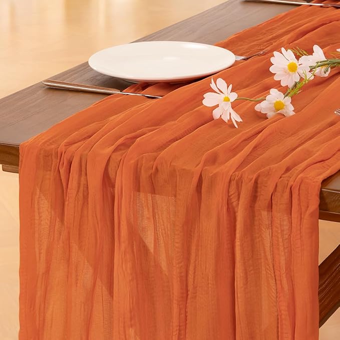 Socomi 2pcs Orange Cheesecloth Table Runner Summer Boho Rustic Gauze 120 inch 10FT Cheese Cloth Sheer Runner for Wedding Party Baby Shower Birthday Home Decor Holiday Decorations