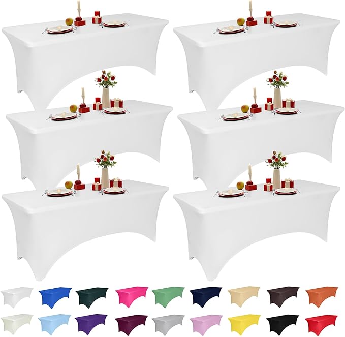6 Pack 4 Feet White Spandex Tablecloth for Rectangular Tables, Fitted & Stretch, Washable, Wrinkle Resistant, Perfect for Event, Wedding, Party, Banquet, Cocktail, Festival, and Table Protector
