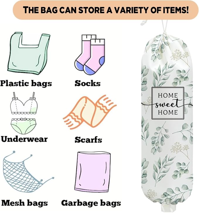 2 Pcs Eucalyptus Leaves Plastic Bag Holder, Wall Mount Grocery Bag Holder for Plastic Bags, Reusable Grocery Bags Storage Dispenser, Farmhouse Sweet Home Kitchen Decor, Flower Gifts for Women Mom