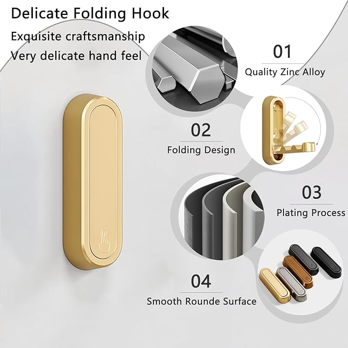 Gold Foldable Wall Hooks, Metal Foldable Hooks Wall Wount for Bathroom, Kitchen, Bedroom – Space-Saving, for Towels, Coats, Bags, Easy Installation (Gold, 1PCS)